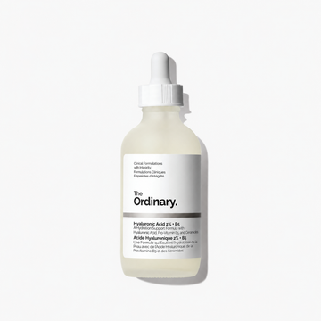 The Ordinary Hyaluronic Acid 25% + 95 dropper bottle in a frosted off-white plastic bottle with a white label and white dropper cap, set against a clean white background.