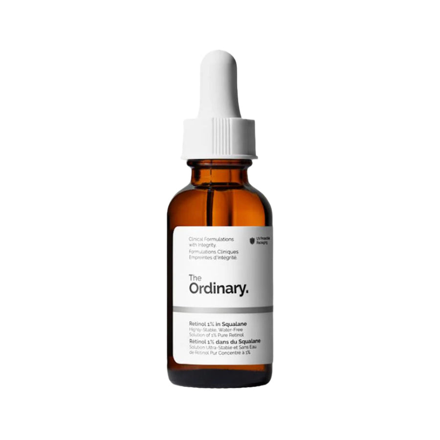 Brown glass bottle with white cap labeled 'The Ordinary' on a white background