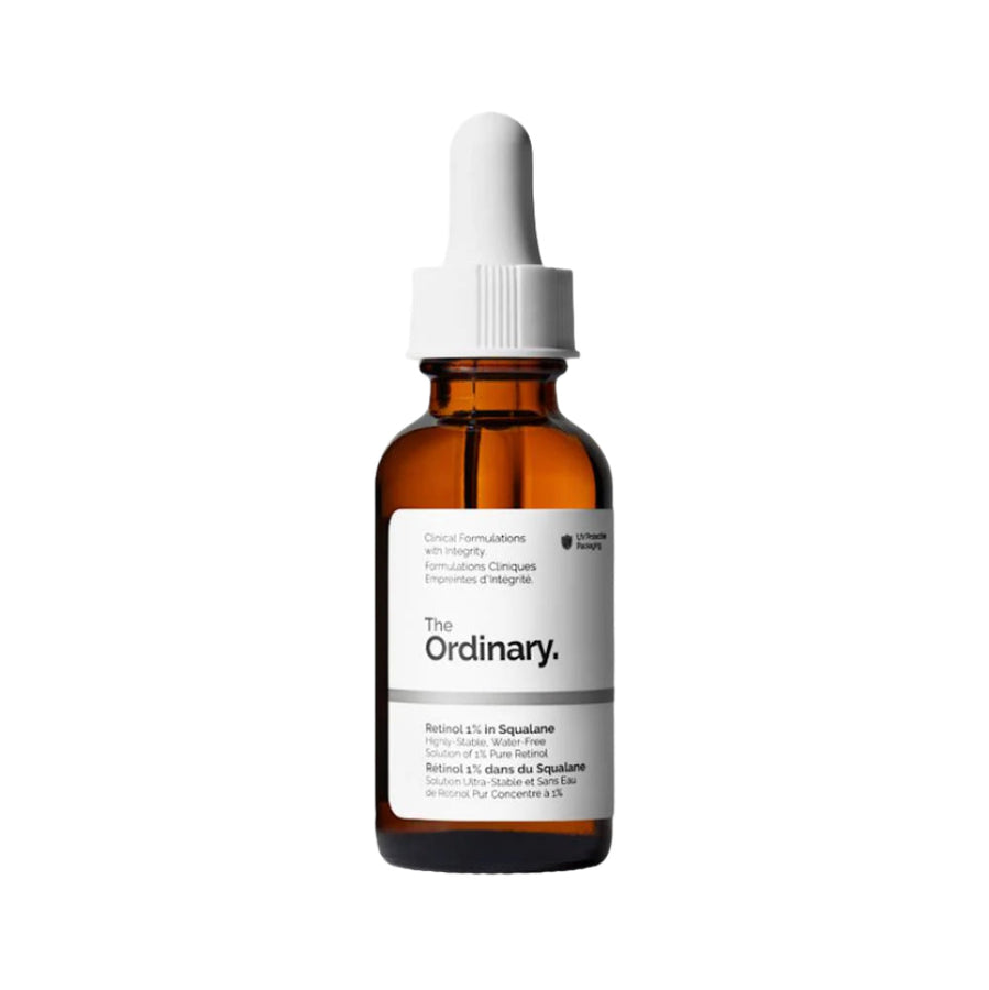 Brown glass bottle with white cap labeled 'The Ordinary' on a white background