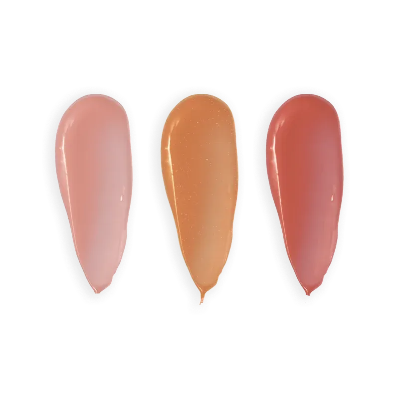 Swatches of the Profusion High Shine Lip Gloss Trio Nudes
