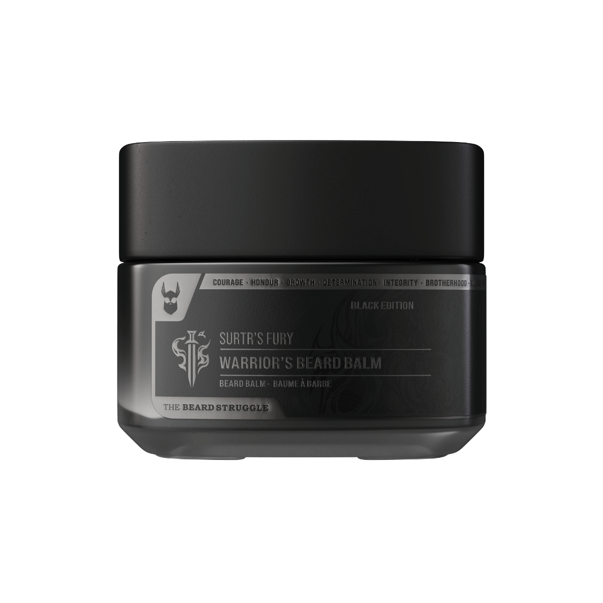 Black jar of 'Warrior's Beard Balm' with label on a white background