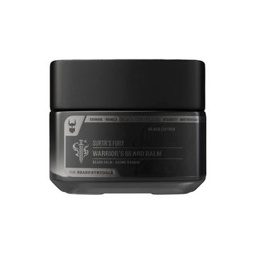 Black jar of 'Warrior's Beard Balm' with label on a white background