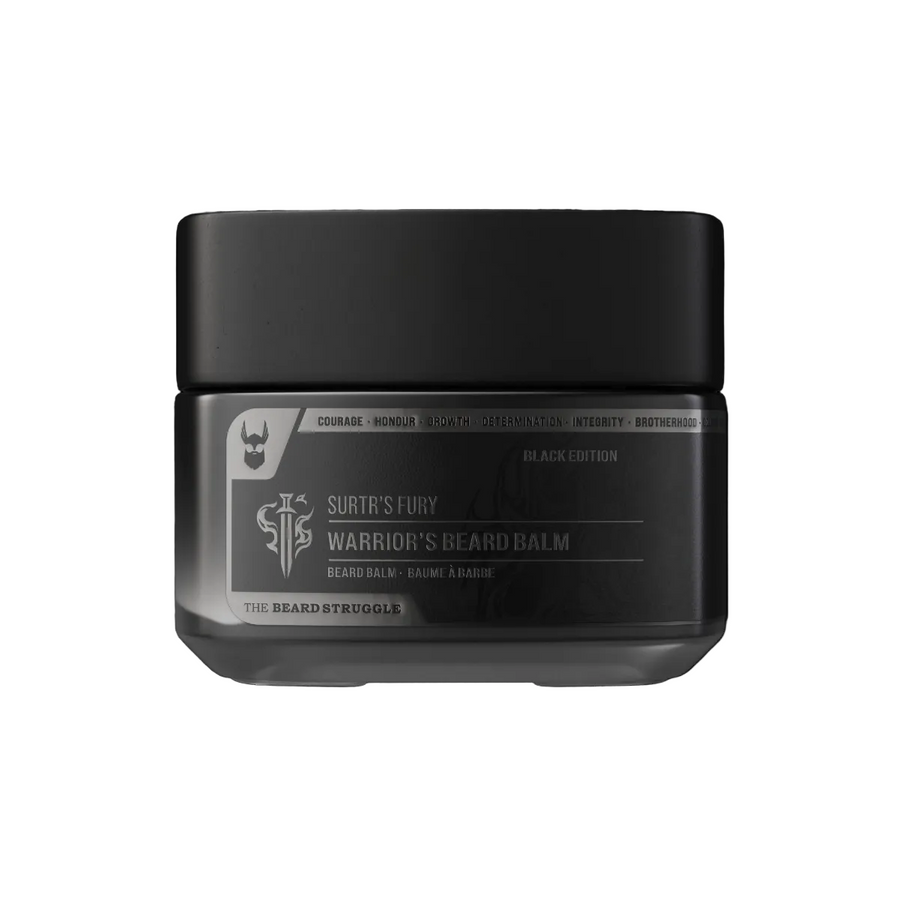 Black jar of 'Warrior's Beard Balm' with label on a white background