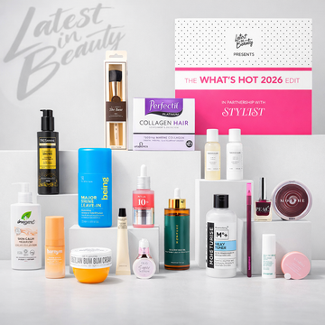 Collection of beauty products on a white background with 'Latest in Beauty' branding.