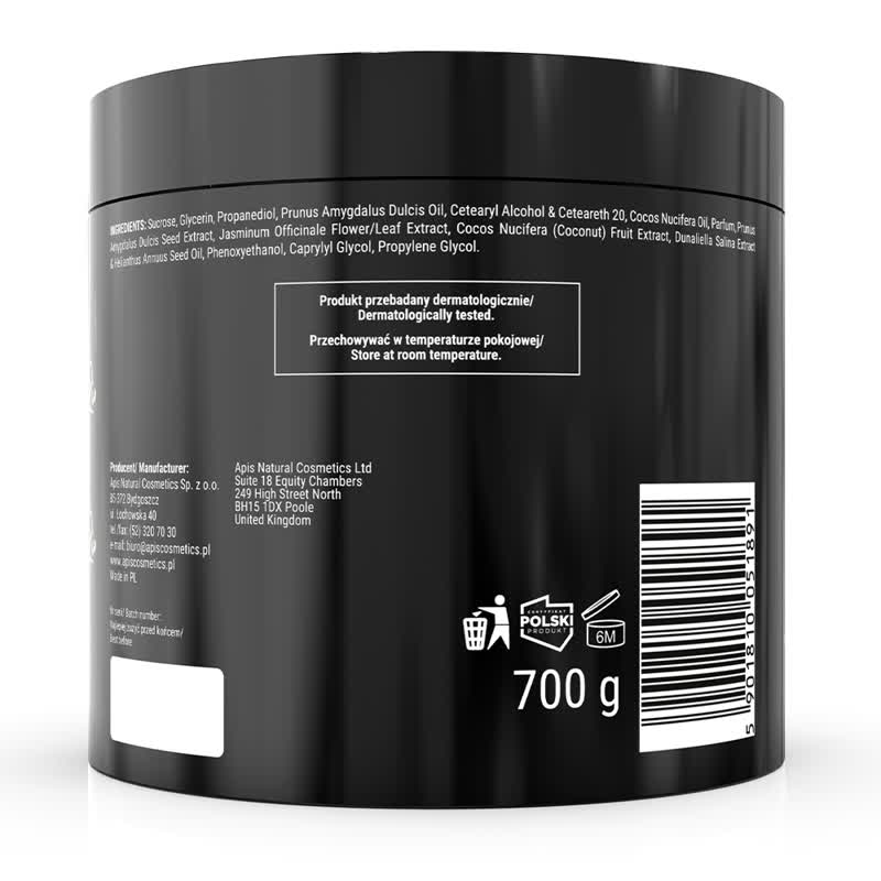 Black container of APIS Sunny Rio smoothing scrub with gold accents on a white background