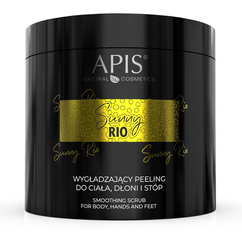Black container of APIS Sunny Rio smoothing scrub with gold accents on a white background