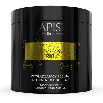 Black container of APIS Sunny Rio smoothing scrub with gold accents on a white background