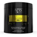 Black container of APIS Sunny Rio smoothing scrub with gold accents on a white background