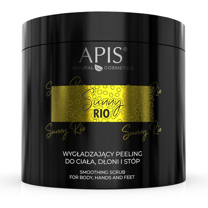 Black container of APIS Sunny Rio smoothing scrub with gold accents on a white background