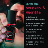 Hand holding a beard oil bottle with product details on a black background