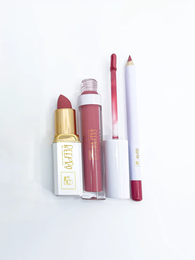 BeePro 3-Piece Lip Kit with Liner, Bullet Lipstick and Liquid Lipstick