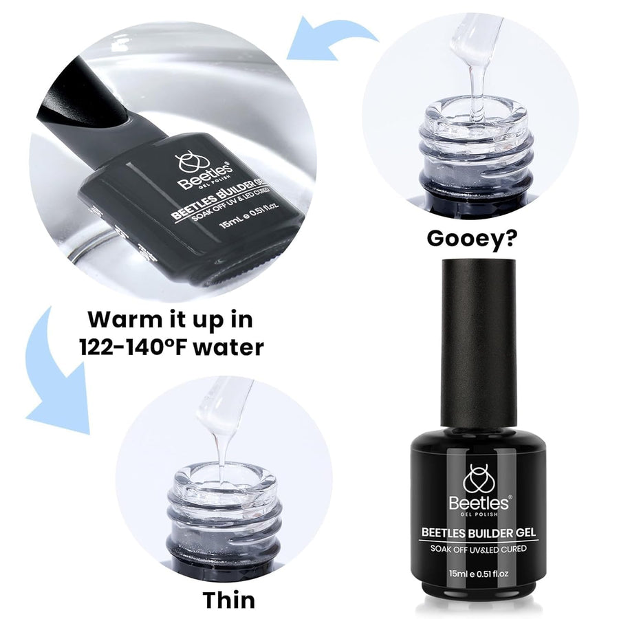 Beetles Dew Glow clear builder gel being applied to a nail
