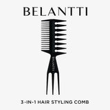 Black Belantti 3-in-1 comb with wide teeth, pointed sectioning end and root-lifting fork