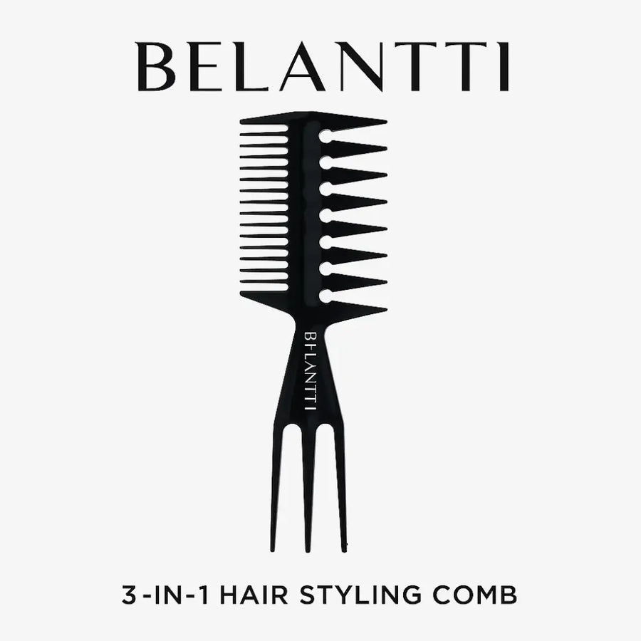 Black Belantti 3-in-1 comb with wide teeth, pointed sectioning end and root-lifting fork