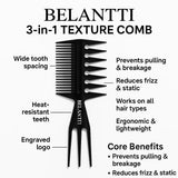 Belantti 3-in-1 comb feature guide showing detangling, sectioning and root lifting