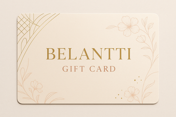 Belantti Celebration Gift Card design featuring elegant floral elements and gold lettering on a soft background.