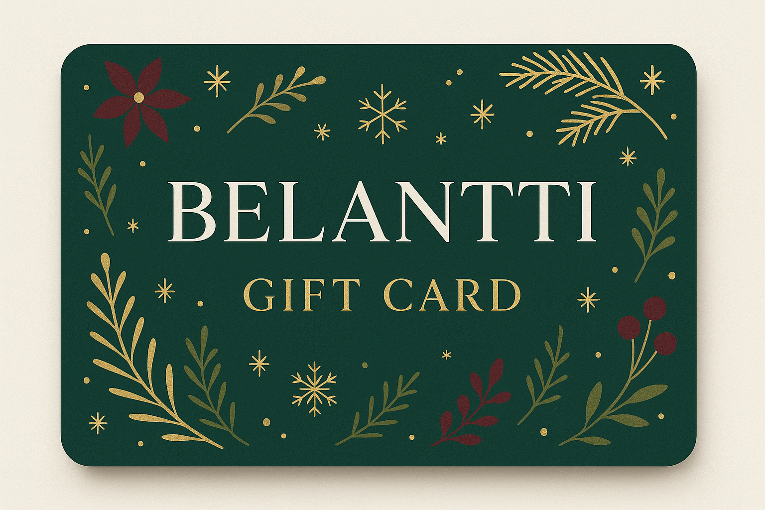 Belantti Xmas Gift Card adorned with festive flowers and snowflakes, perfect for thoughtful gifting.
