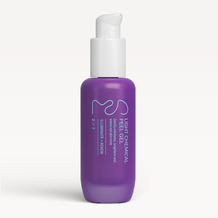 Purple skincare serum bottle with white cap on a white background