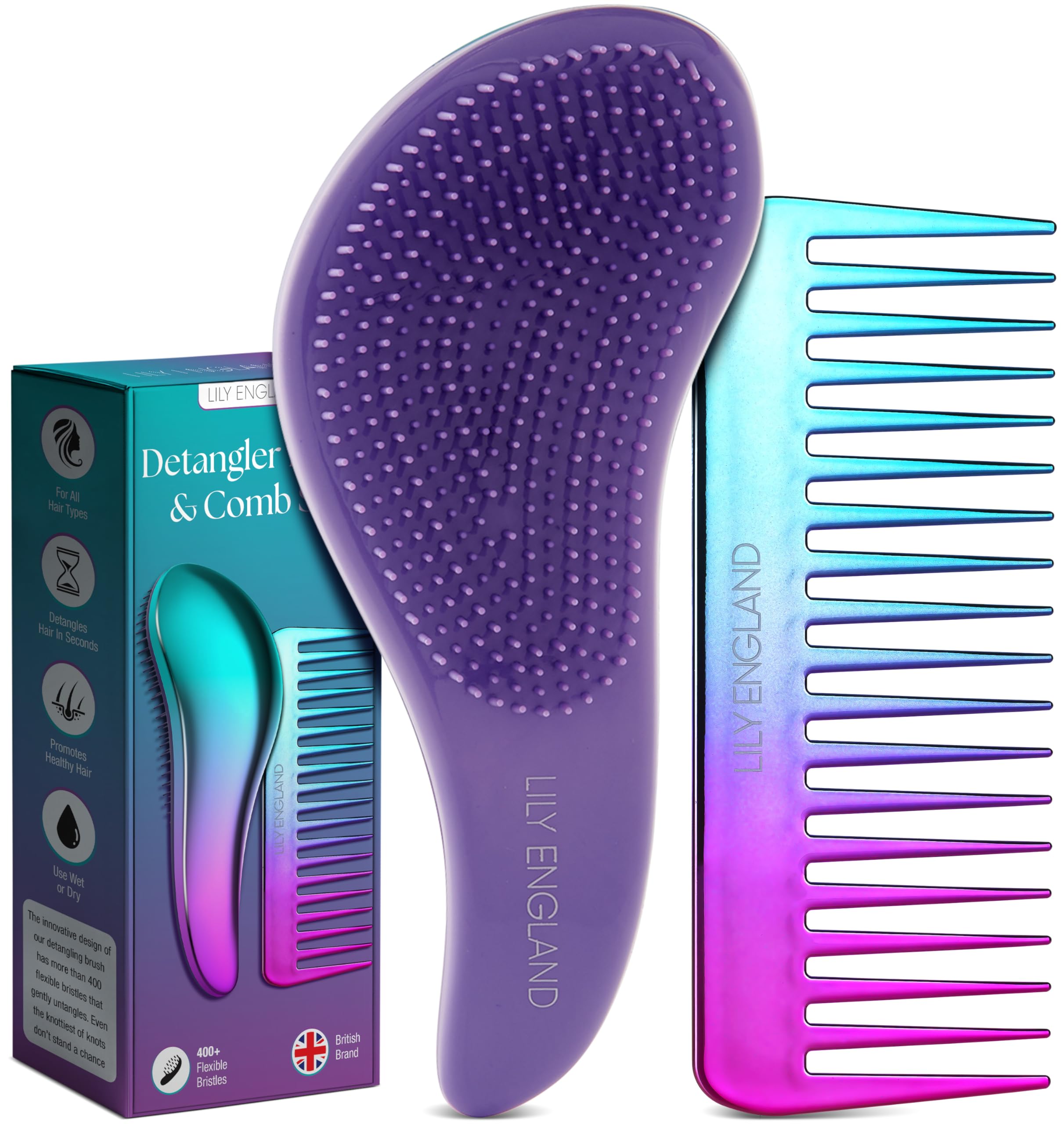 Purple hair detangler brush and comb with gradient design, and packaging on a white background.