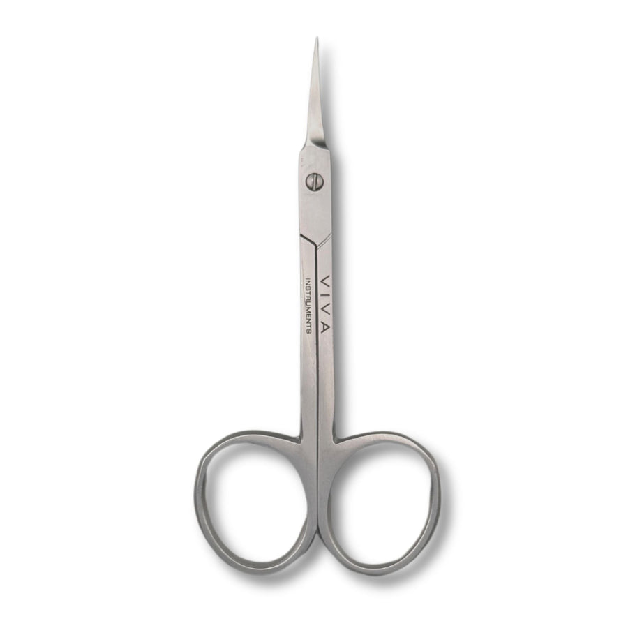 Pair of silver scissors on a white background