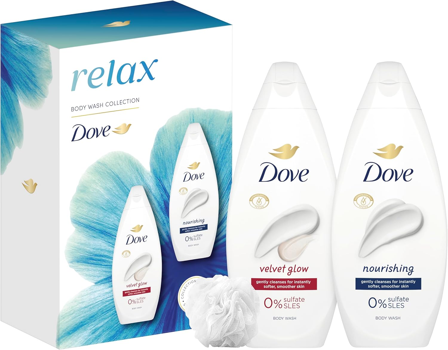Dove Relax Duo body wash gift set with two body wash bottles and shower puff