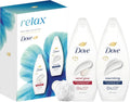 Dove Relax Duo body wash gift set with two body wash bottles and shower puff