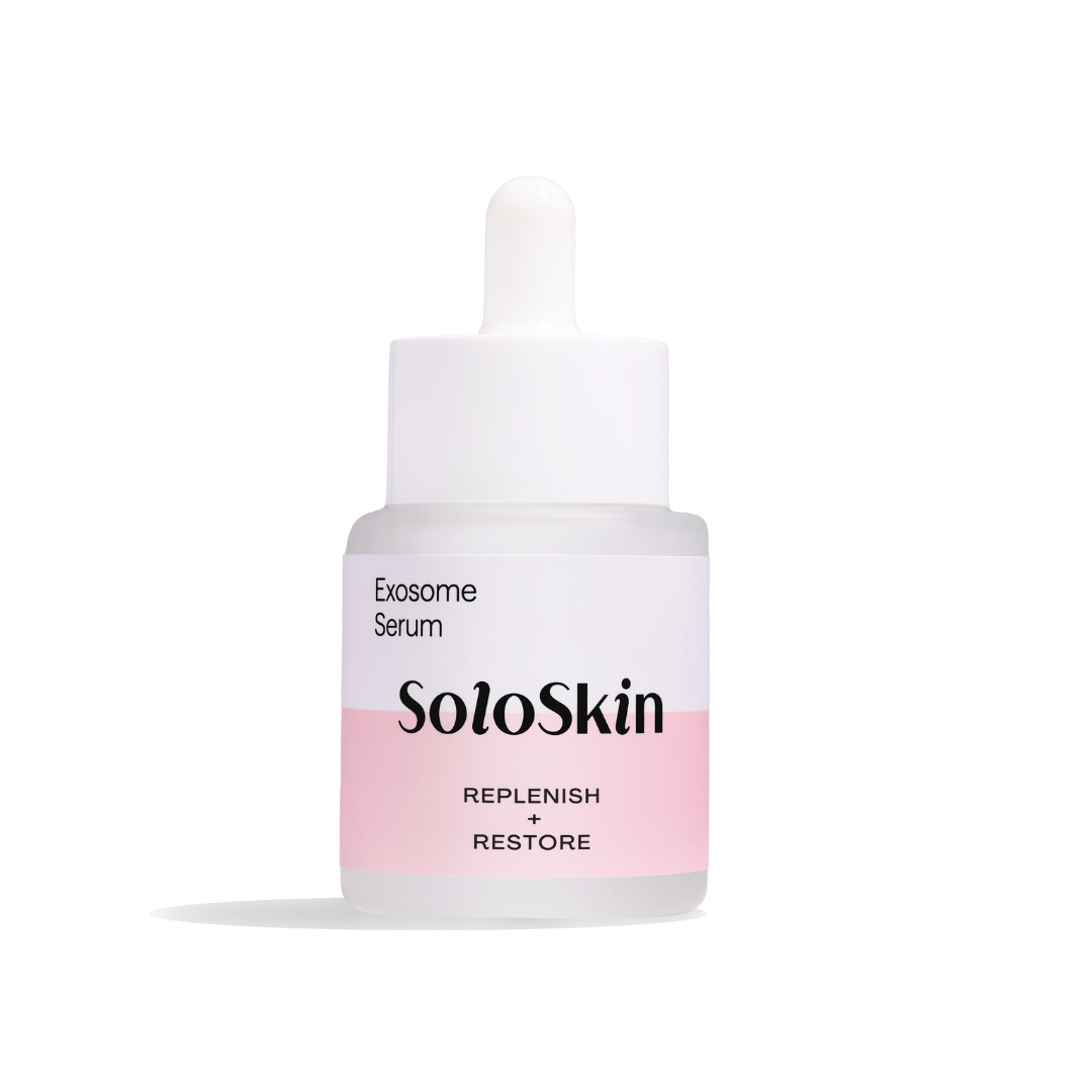 SoloSkin Exosome Serum bottle with pink gradient on a white background
