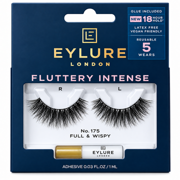Eylure Fluttery Intense No. 175 Full & Wispy false eyelashes with 1ml adhesive on white background