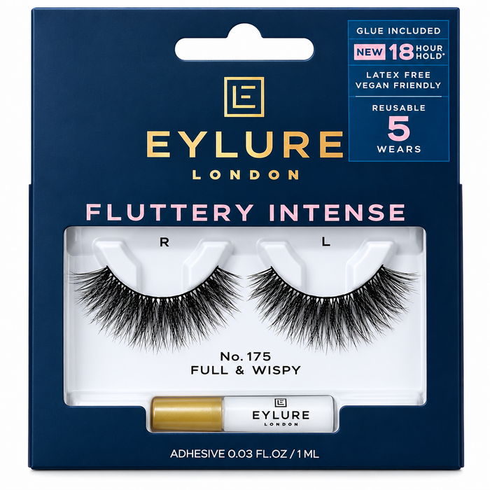 Eylure Fluttery Intense No. 175 Full & Wispy false eyelashes with 1ml adhesive on white background