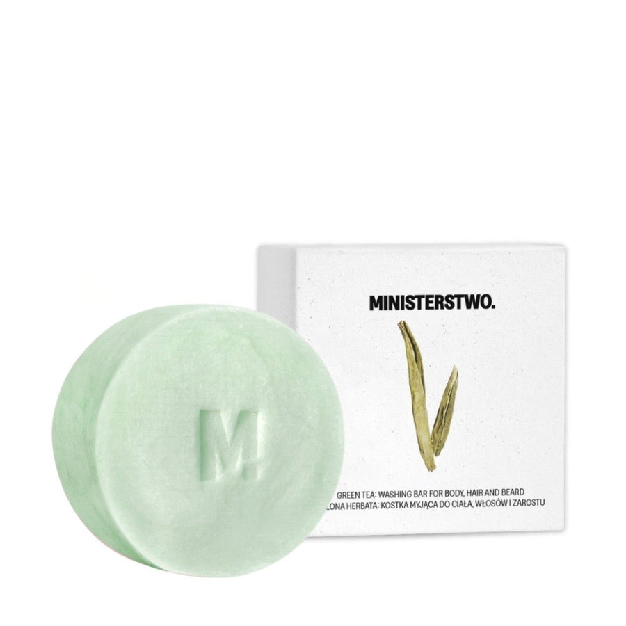 Green tea washing bar for body, hair, and beard with packaging on a white background