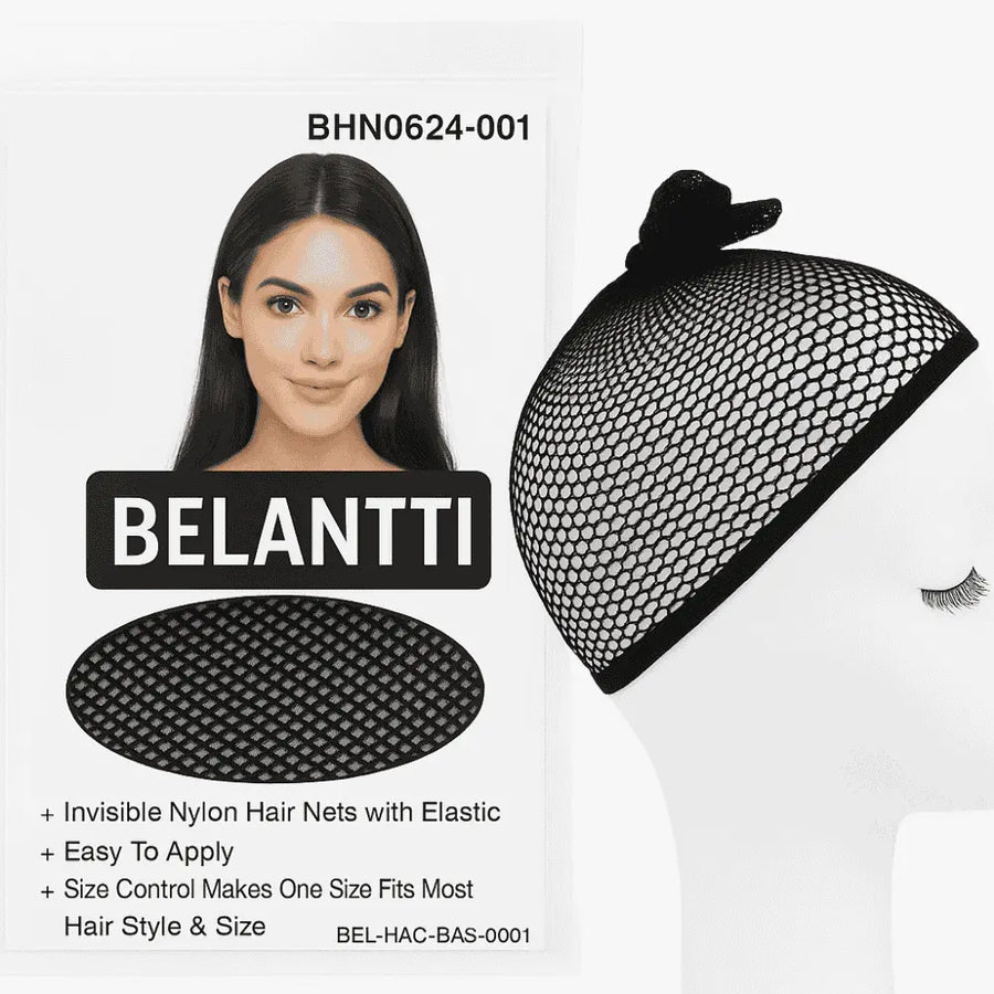 Belantti mesh hair net with elastic edge in Black shown in retail packaging