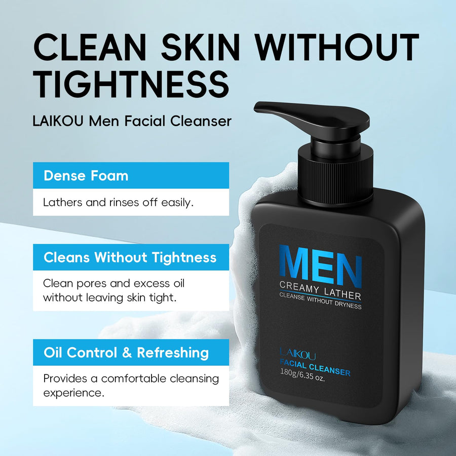 LAIKOU Men Skincare Set — Cleanser, Toner, Lotion, Eye Cream, Serum Gift Kit