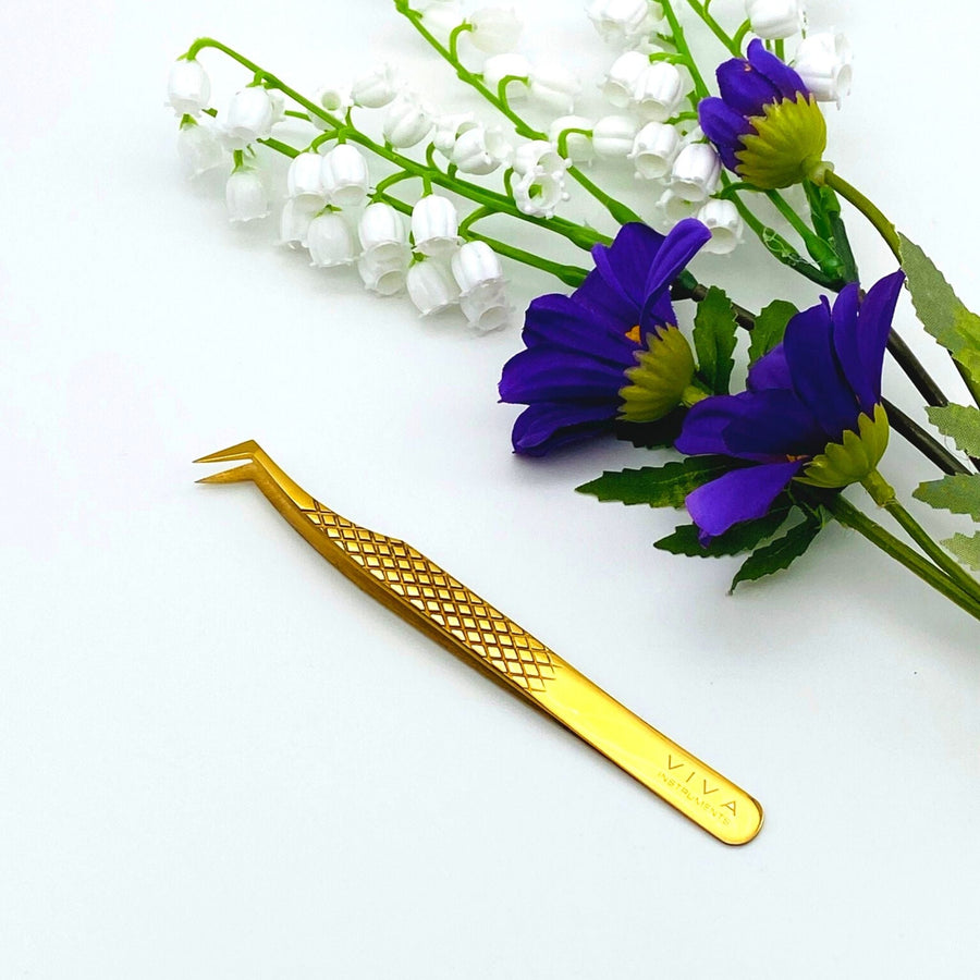 VIVA Instruments 45 Degree Eyelash Tweezer Gold
