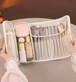 Rose pink makeup brush case with individual brush slots