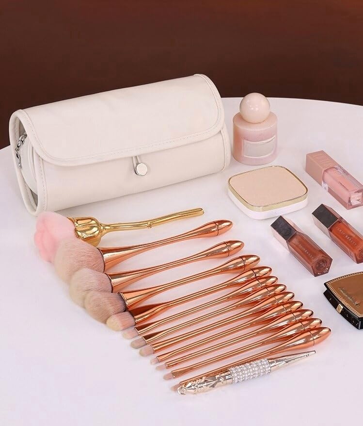 Rose pink roll-up makeup case internal compartments