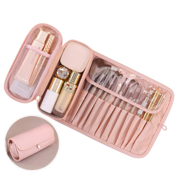 Rose pink roll-up makeup brush case closed