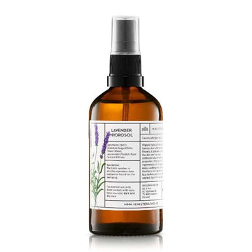 Brown glass bottle with a spray nozzle labeled 'Lavender Hydrosol' on a white background