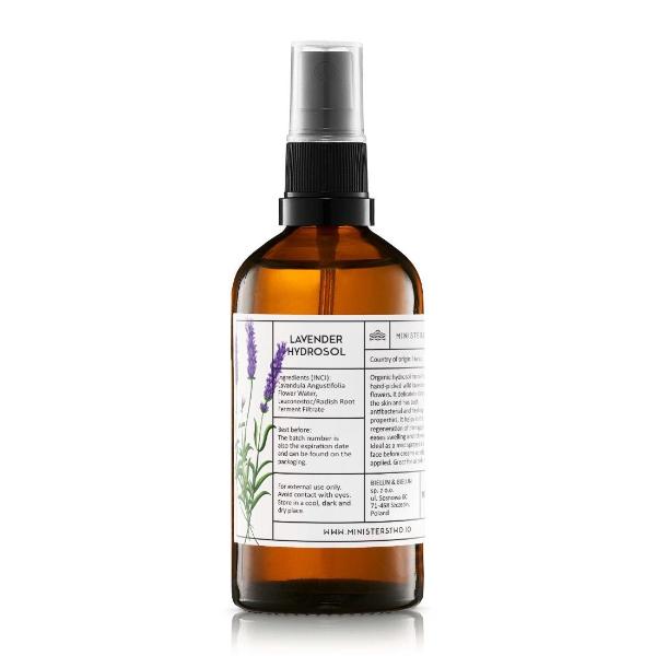 Brown glass bottle with a spray nozzle labeled 'Lavender Hydrosol' on a white background