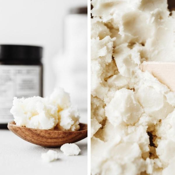 Jar of organic shea butter with label on a white background