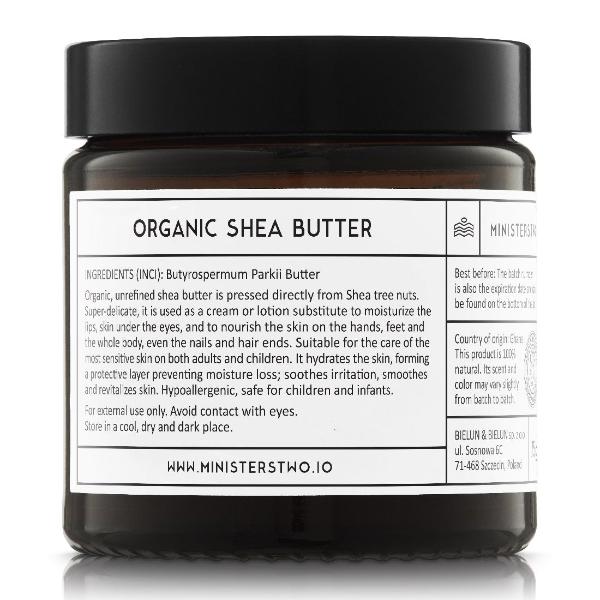 Jar of organic shea butter with label on a white background