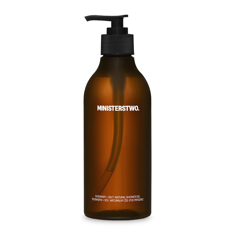 Brown bottle with black pump labeled 'MINISTERSTWO' on a white background