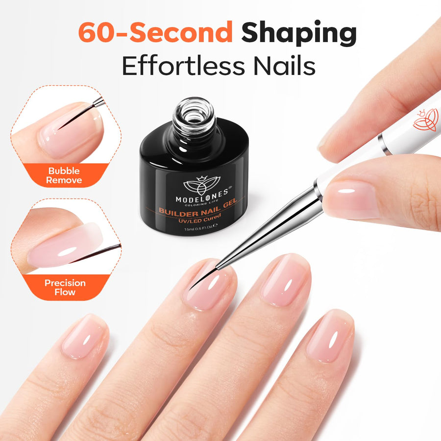 Modelones clear builder gel curing under an LED nail lamp