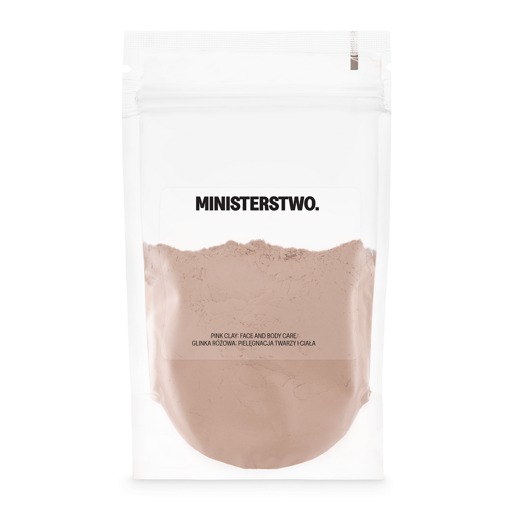 Pink clay face and body care product in a clear packaging with 'MINISTERSTWO.' branding.