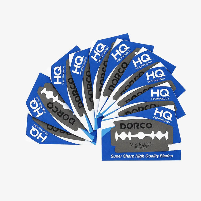 Multiple packs of Dorco razor blades with blue and gray design on a white background