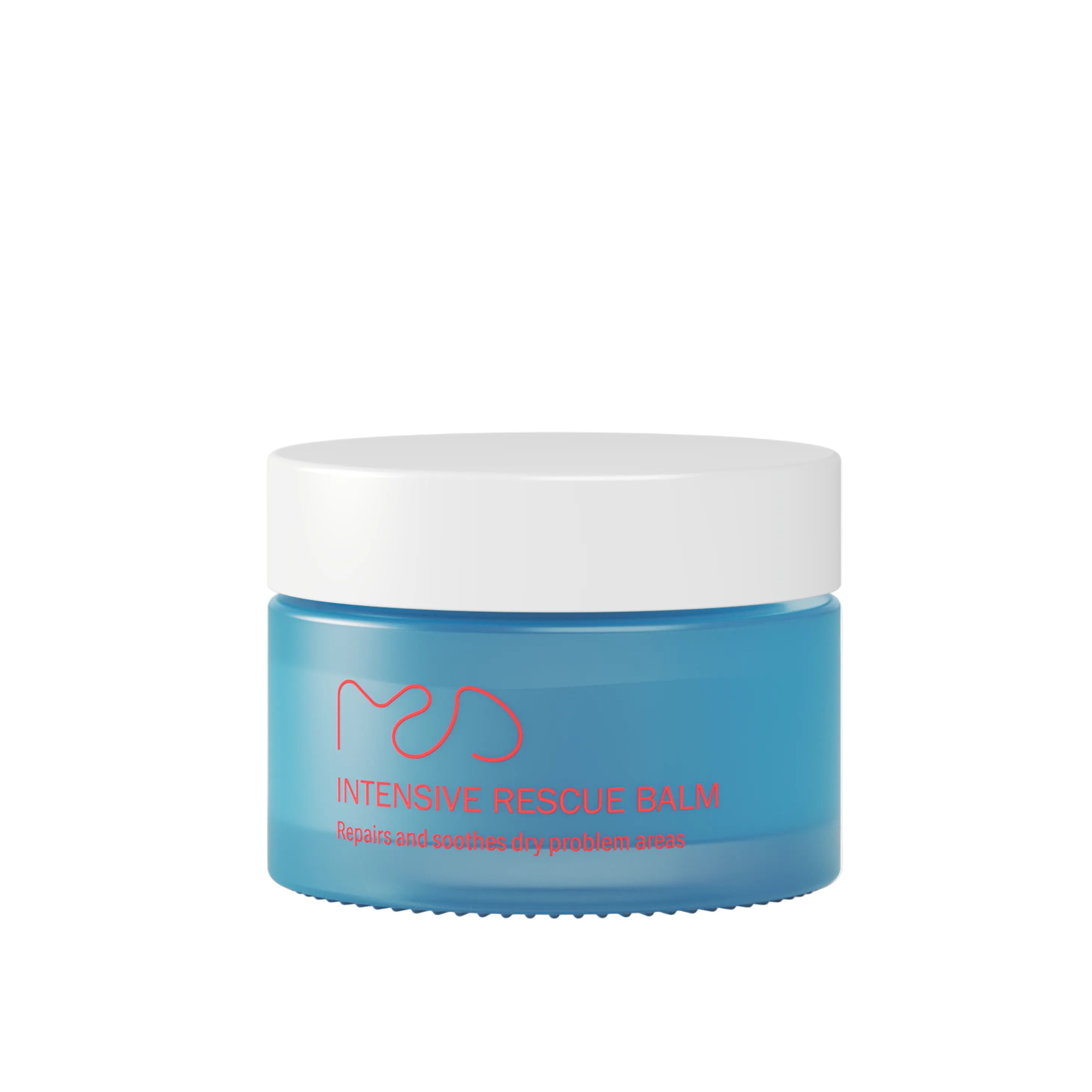 Blue jar of 'Intensive Rescue Balm' with a white lid on a light blue background