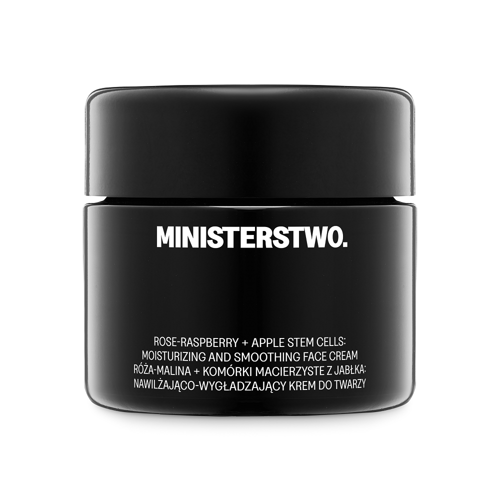 Black jar of Ministerstwo face cream on a white background