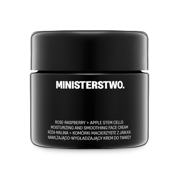 Black jar of Ministerstwo face cream on a white background