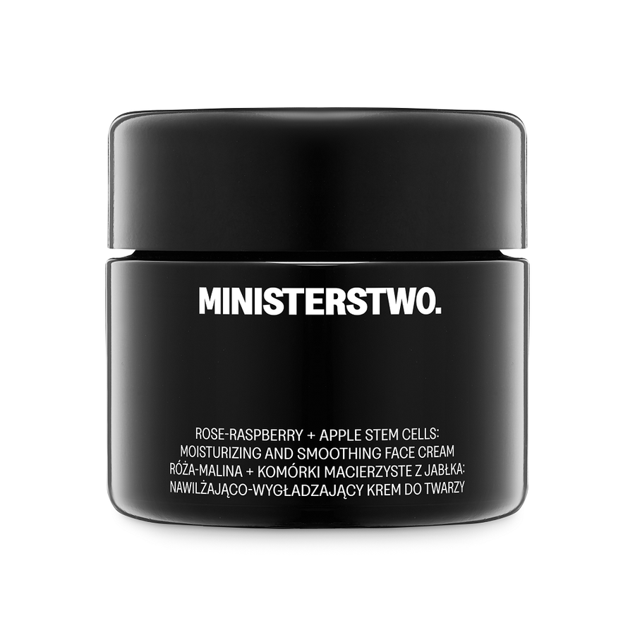 Black jar of Ministerstwo face cream on a white background