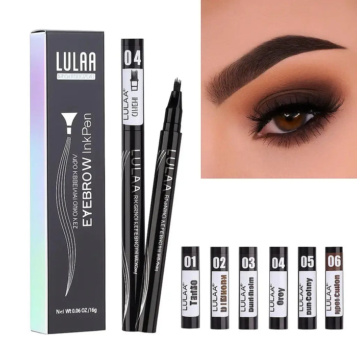 Lulaa eyebrow ink pen with packaging and color options displayed.