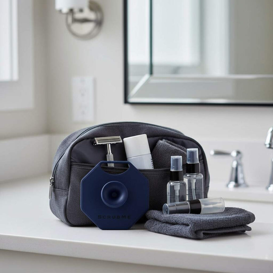 ScrubMeFace Breathtaking Blue facial cleansing brush in travel washbag